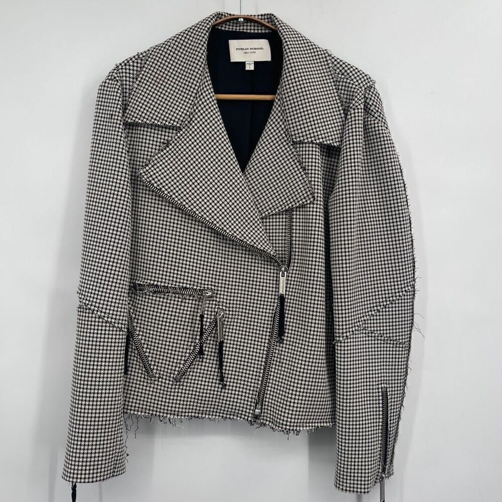 Public School White Black Ragged Out Houndstooth Zip Up Coat Jacket Size Large